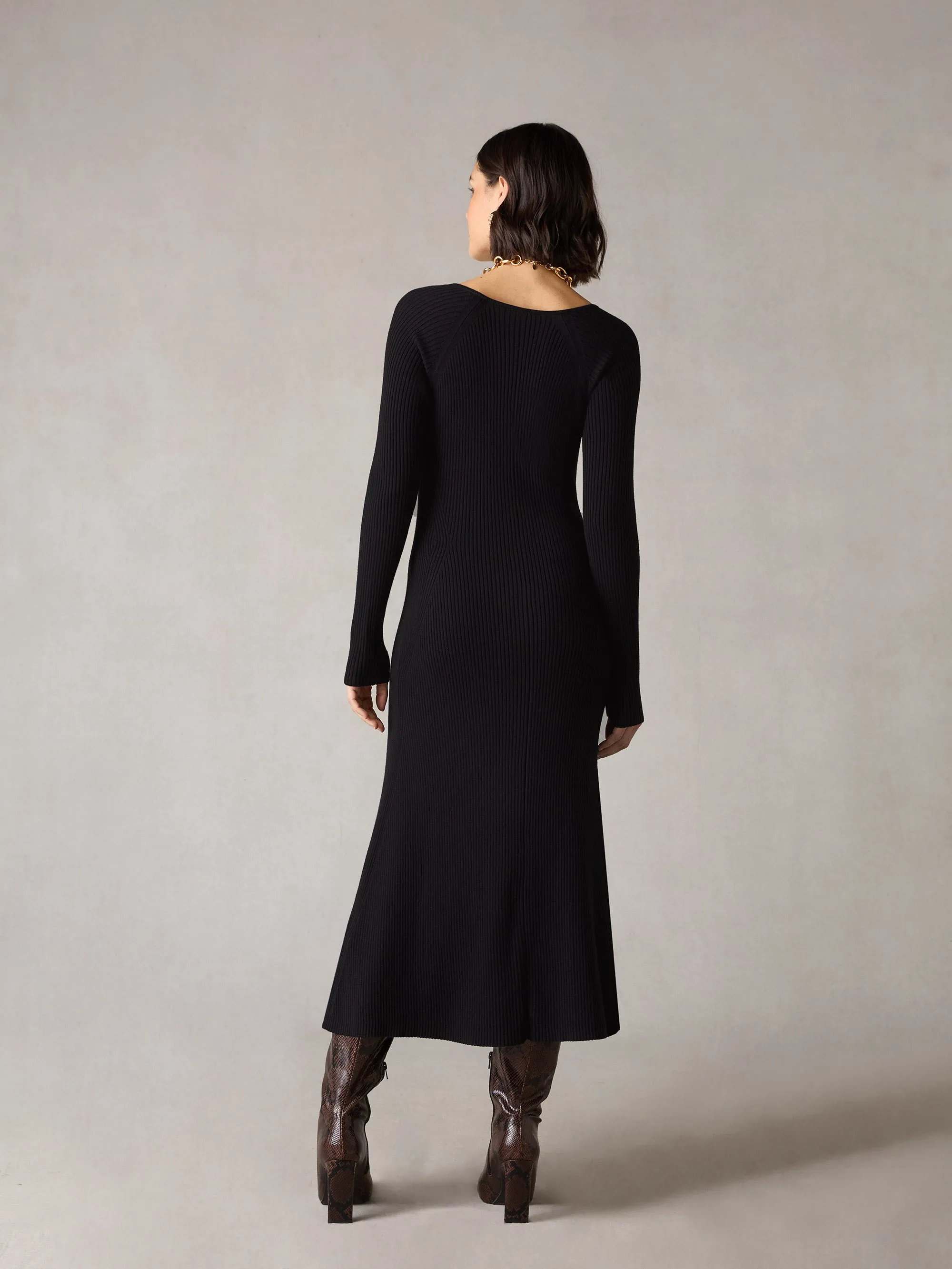 Petite Black Rib Knit Sweetheart Neckline Midi Dress