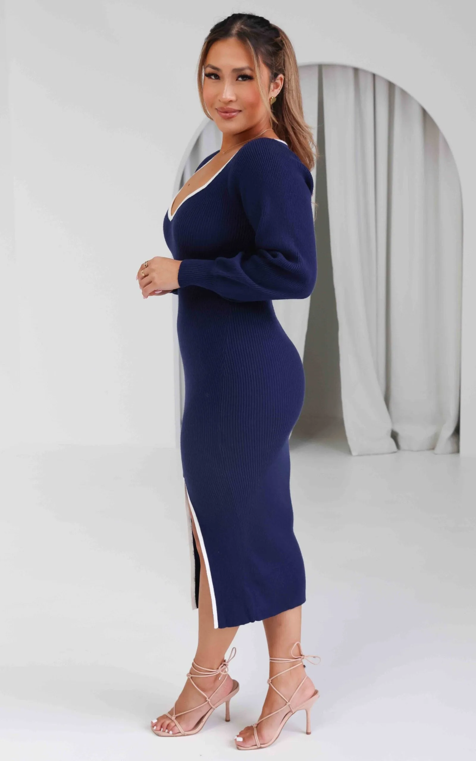 Piazza Knit Midi Dress - Navy Blue White