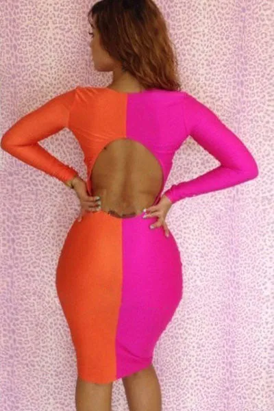 Pink Orange Open Front 2 colors Patchwork Bodycon Dress