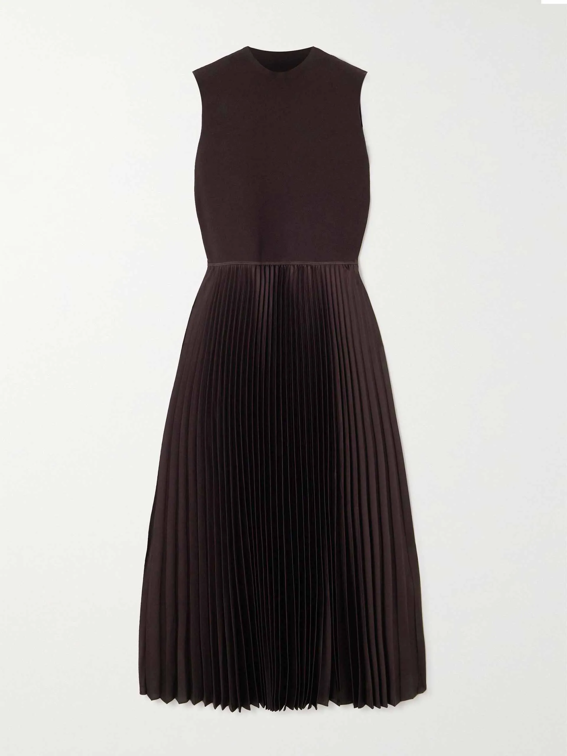 Pleated satin and stretch-knit midi dress