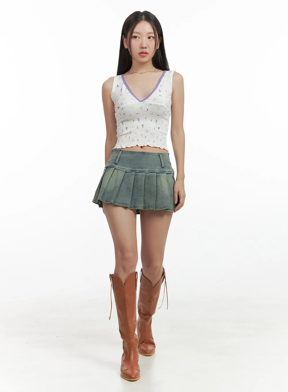 Pleated Washed Denim Mini Skirt OG407