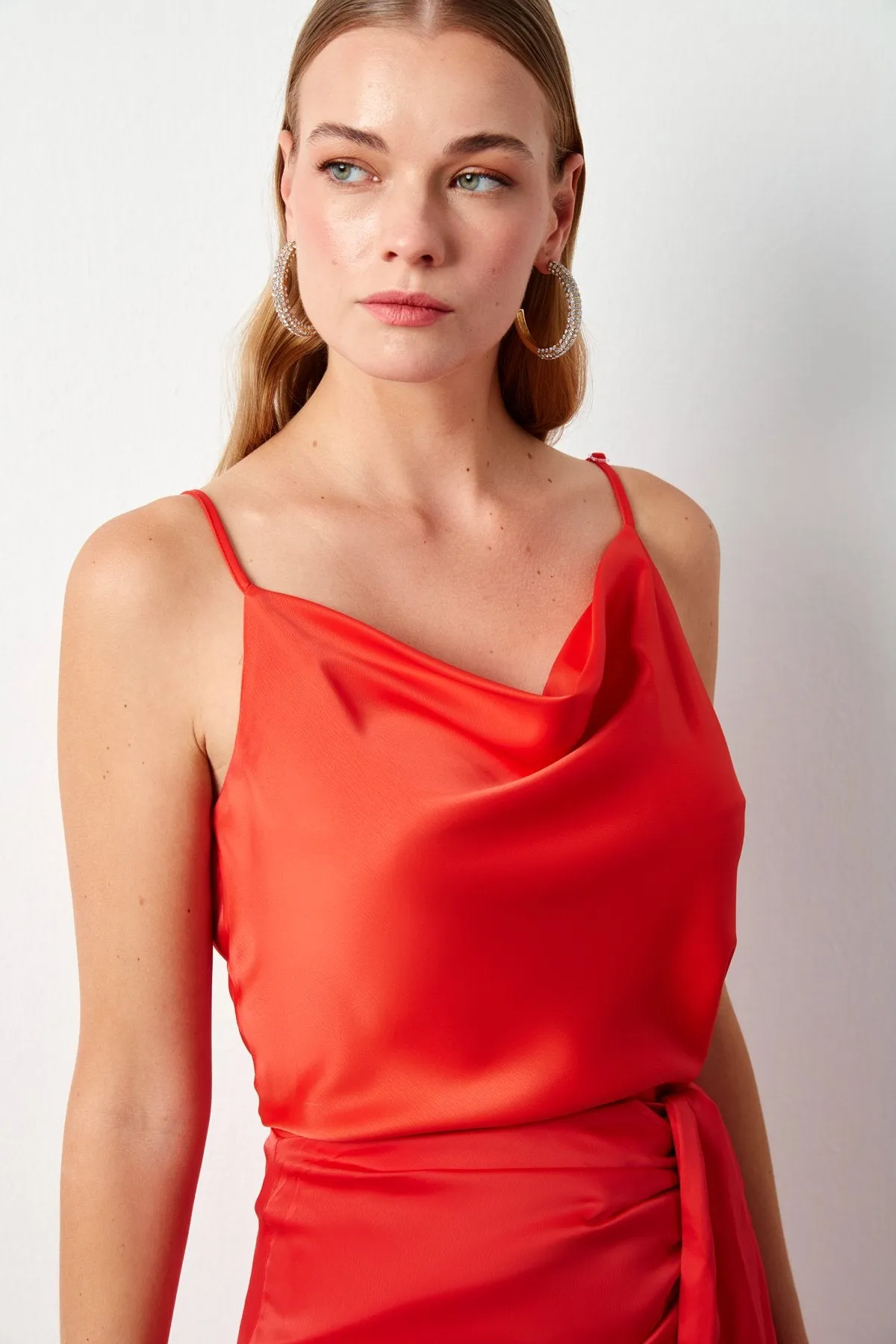 Plunging Neck Satin Blouse - Coral