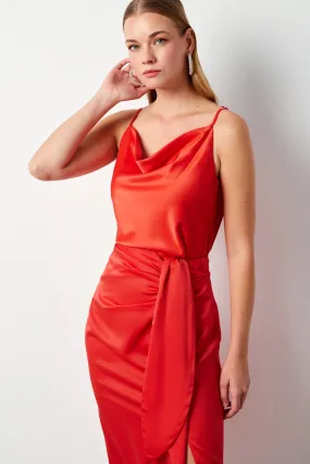 Plunging Neck Satin Blouse - Coral