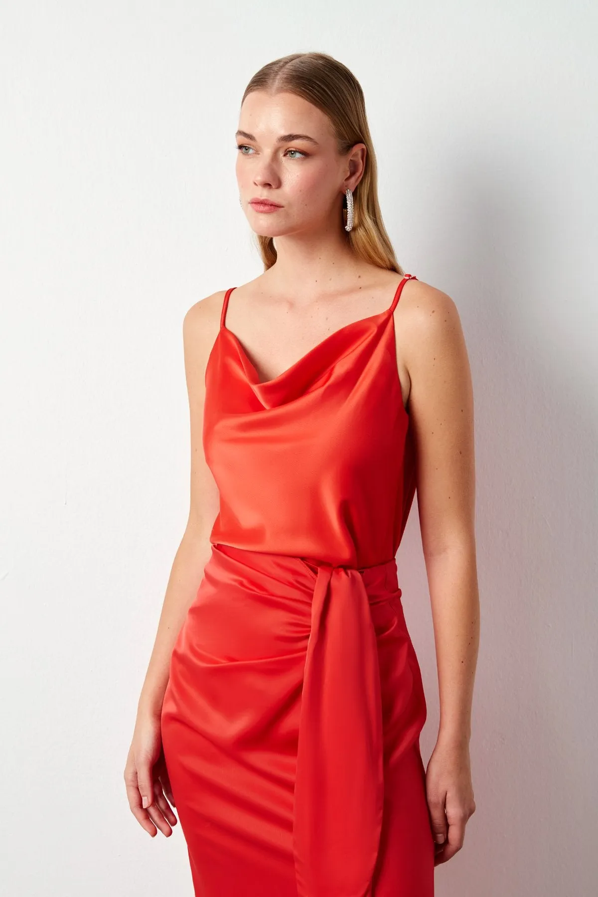 Plunging Neck Satin Blouse - Coral