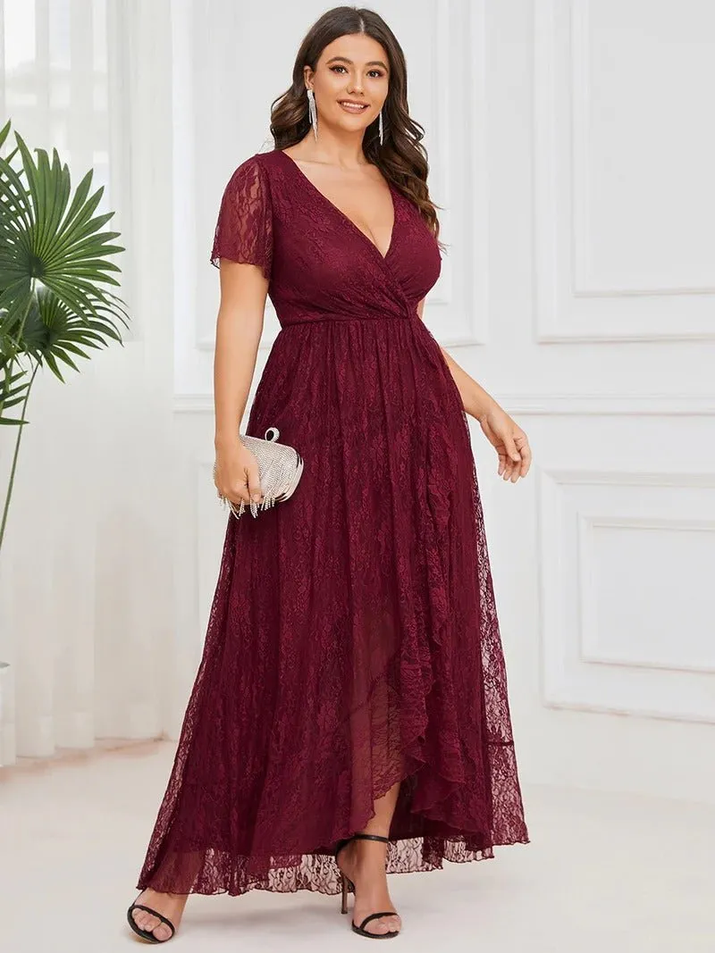 Plus Deep V Neck Short See Through Sleeves A Line Evening Dresses