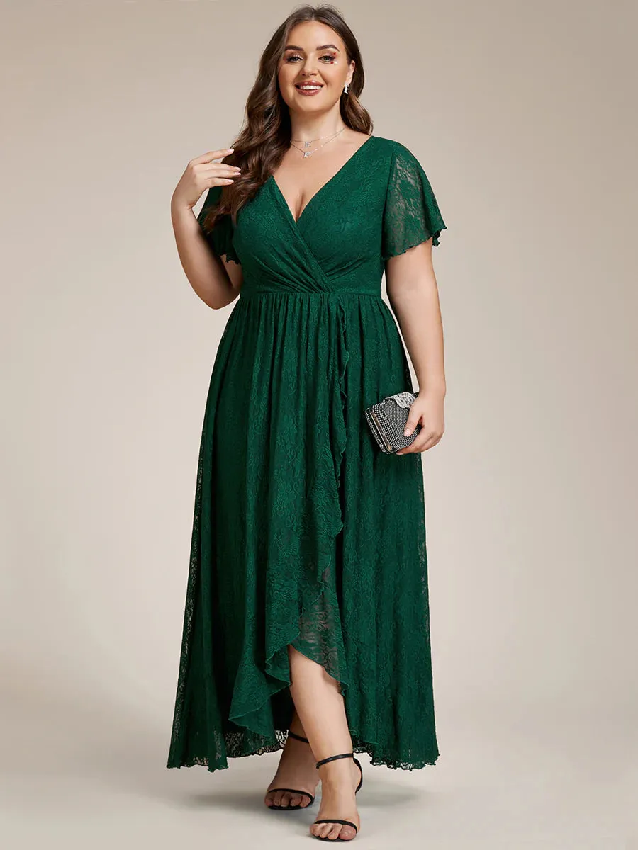 Plus Deep V Neck Short See Through Sleeves A Line Evening Dresses