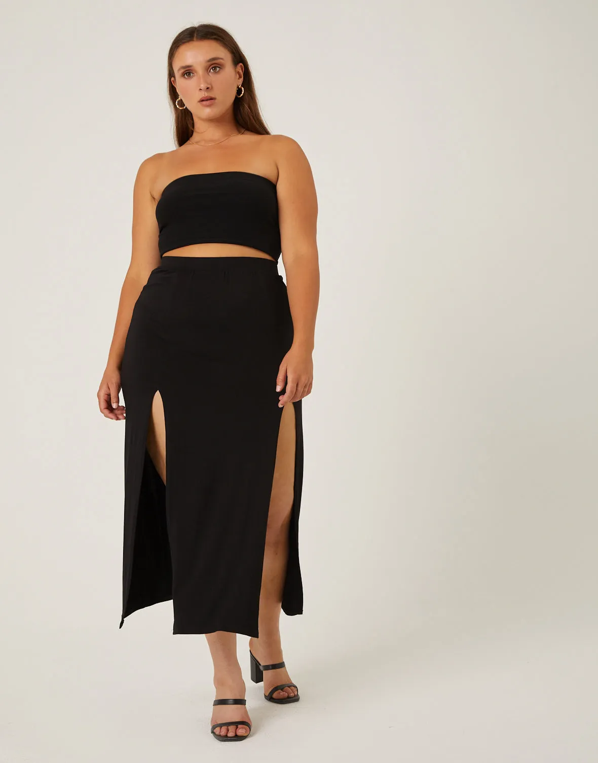 Plus Size Double Slit Midi Skirt