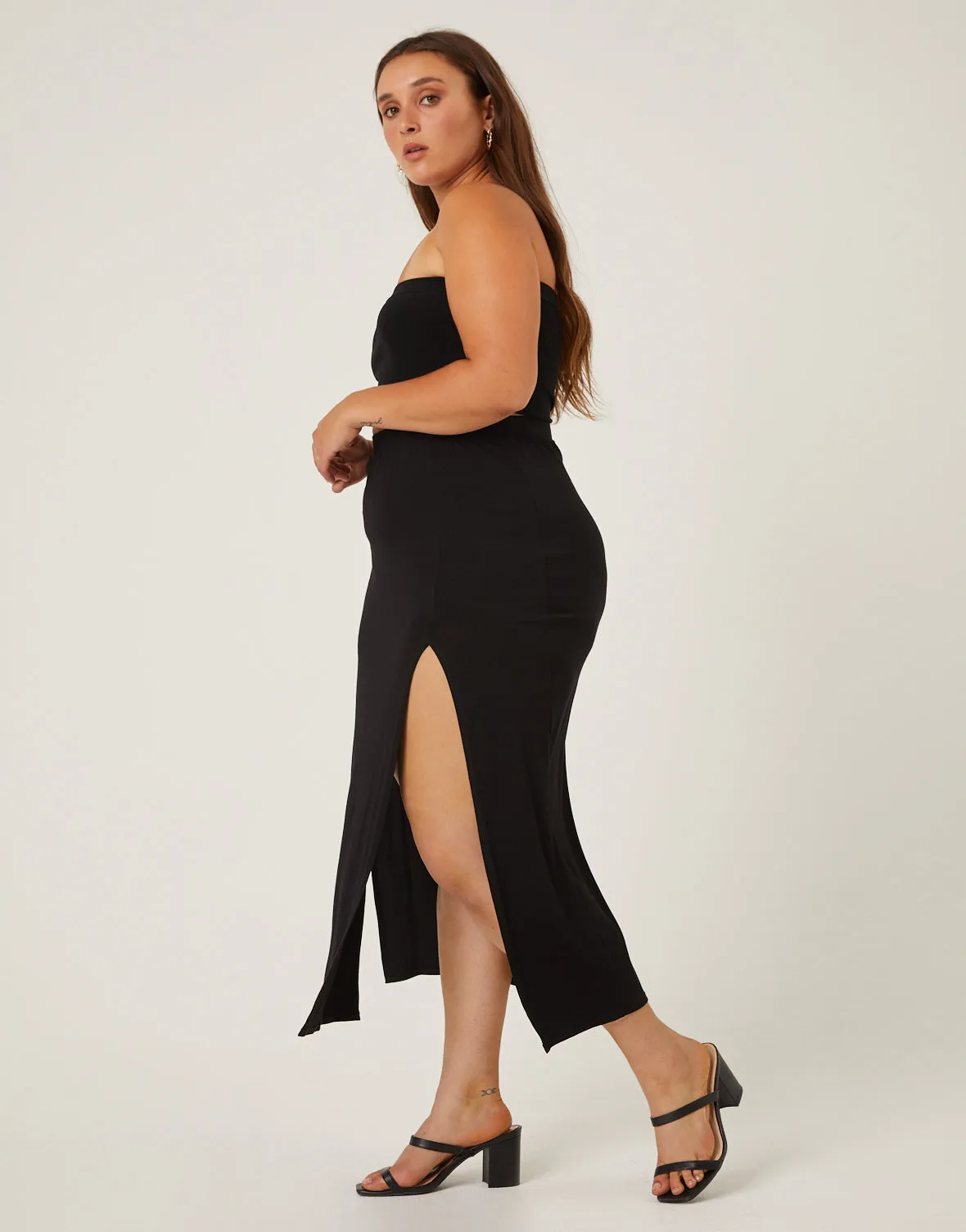 Plus Size Double Slit Midi Skirt