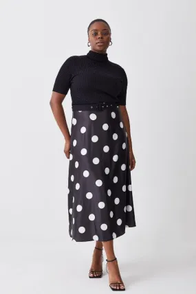 Plus Size Printed Satin Skirt Rib Knit Mix Midi Dress