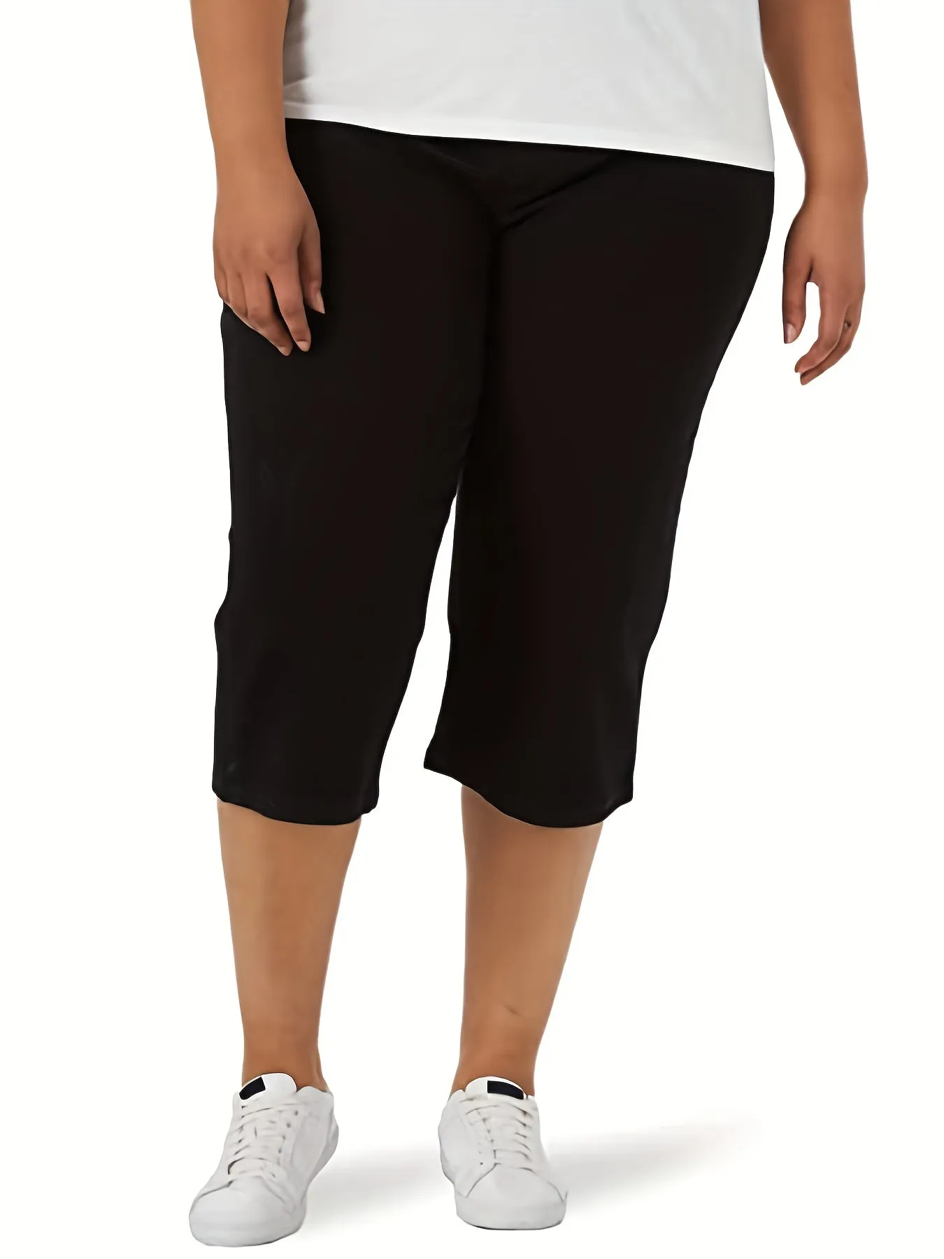 Plus Size Solid High Rise Slim Fit Capri Pants - Effortless Chic for Everyday Comfort