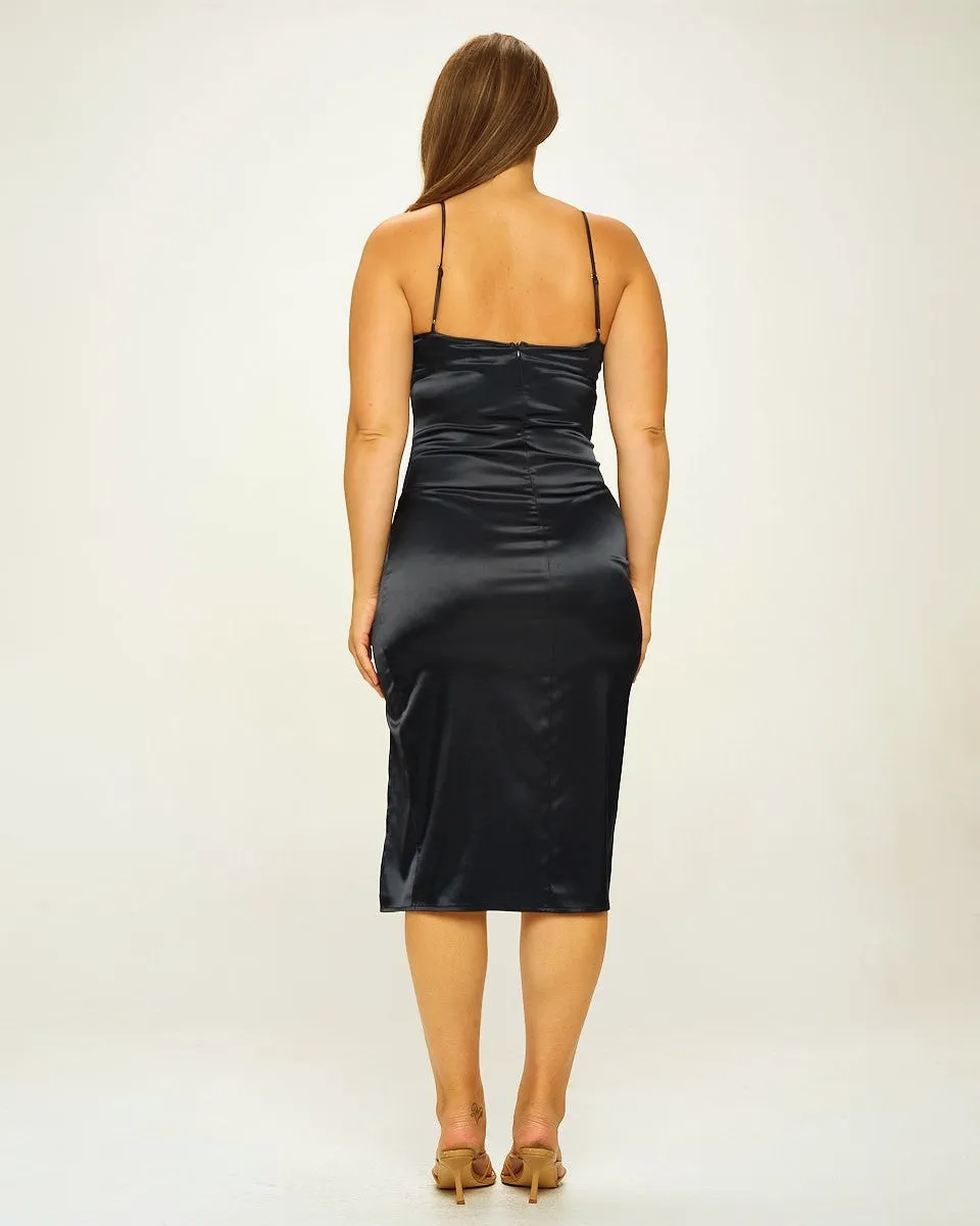 Plus Solid Satin Front Knot Bodycon Midi Dress