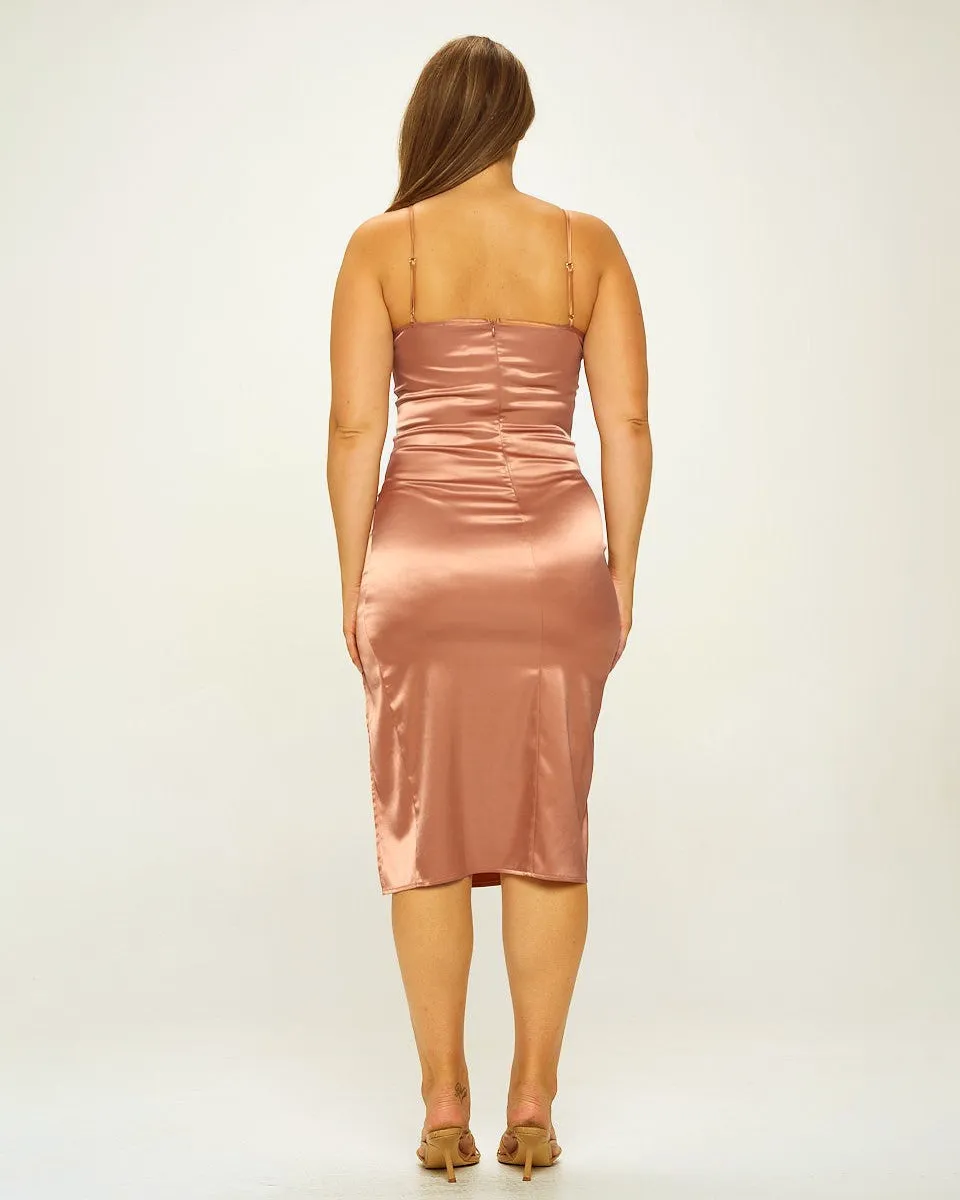 Plus Solid Satin Front Knot Bodycon Midi Dress