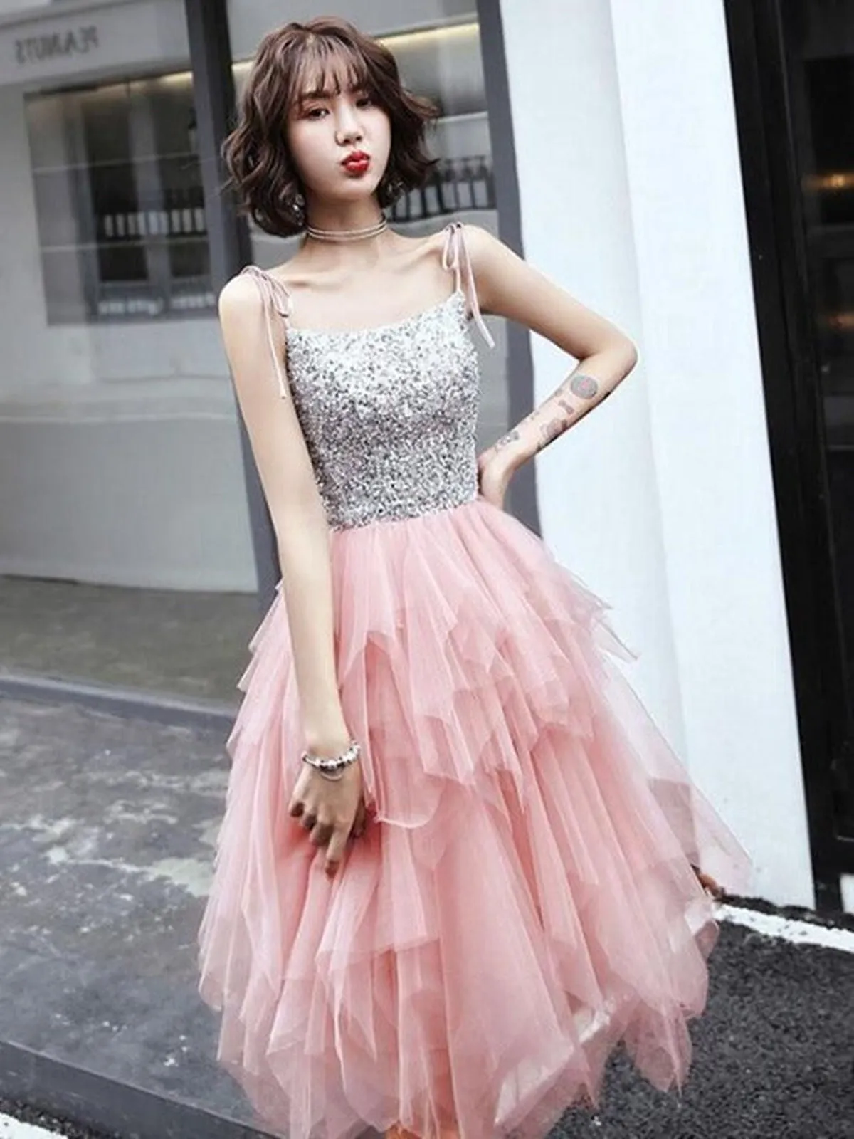 Pretty Sequins Pink Tulle Short Prom Dresses, Layered Pink Tulle Homecoming Dresses, Pink Formal Evening Dresses