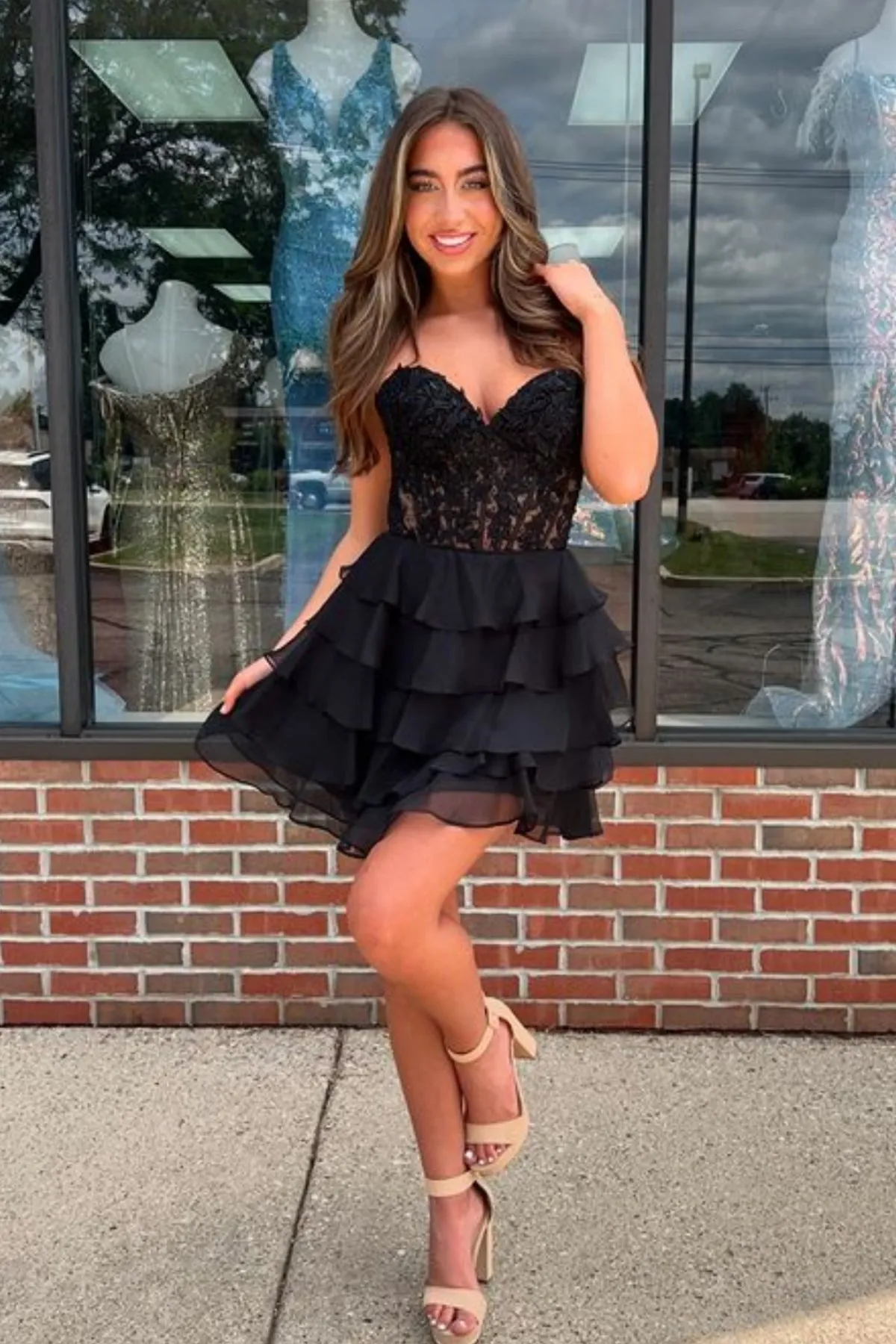 Princess Strapless Layered Black Lace Prom Dress, Short Black Lace Homecoming Dress, Black Chiffon Formal Graduation Evening Dress A2192