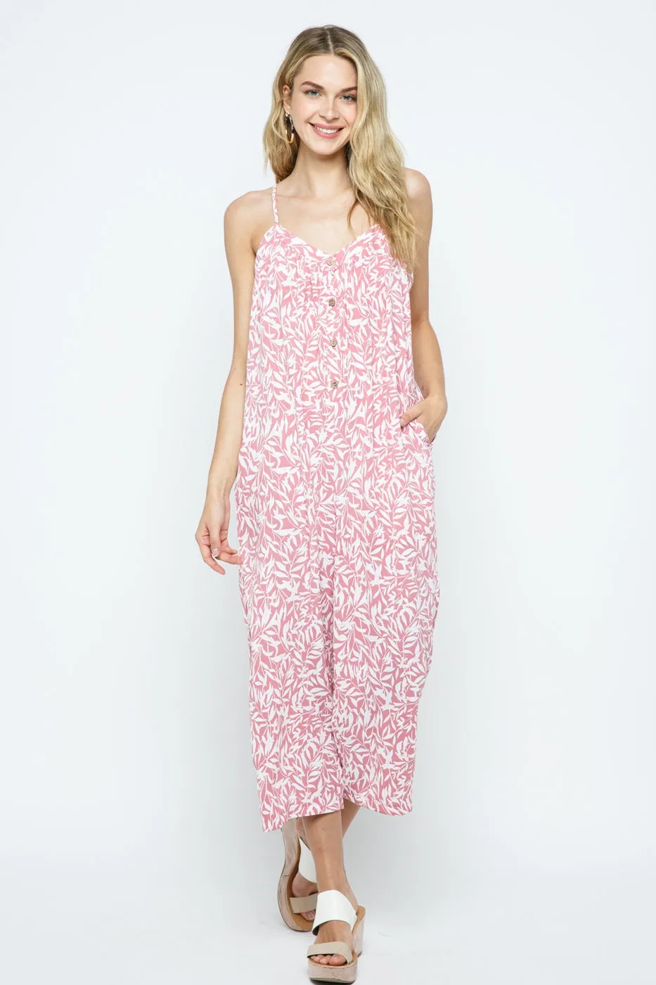 Print Crop Jumpsuit with Adjustable Shoulder Spaghetti Straps