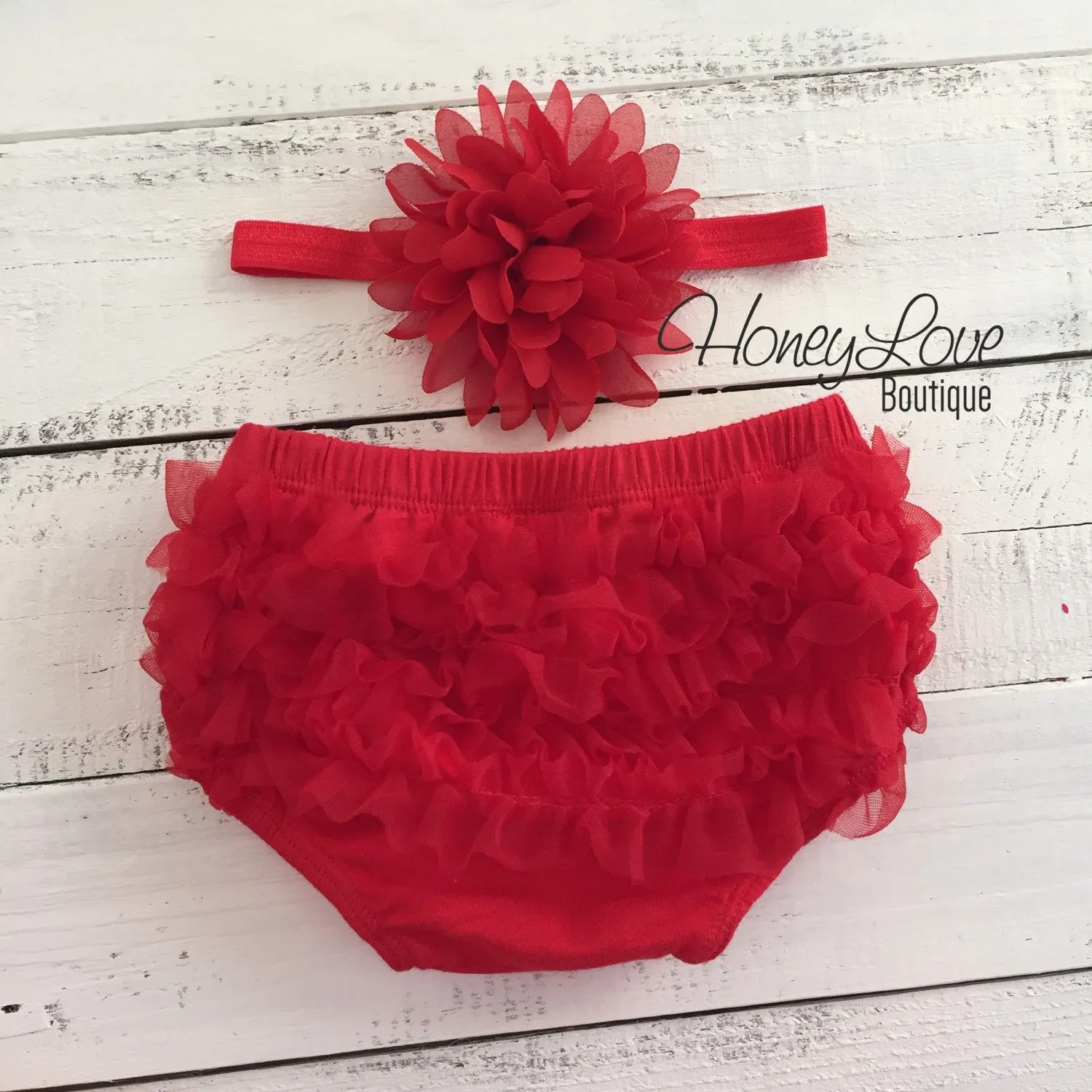 Red/White Heart leg warmers, red flower headband, red ruffle bottom bloomers