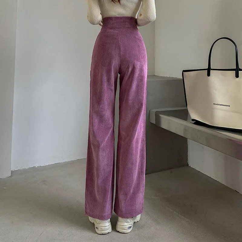 Retro Corduroy High Waist Buttoned Wide Leg Pants