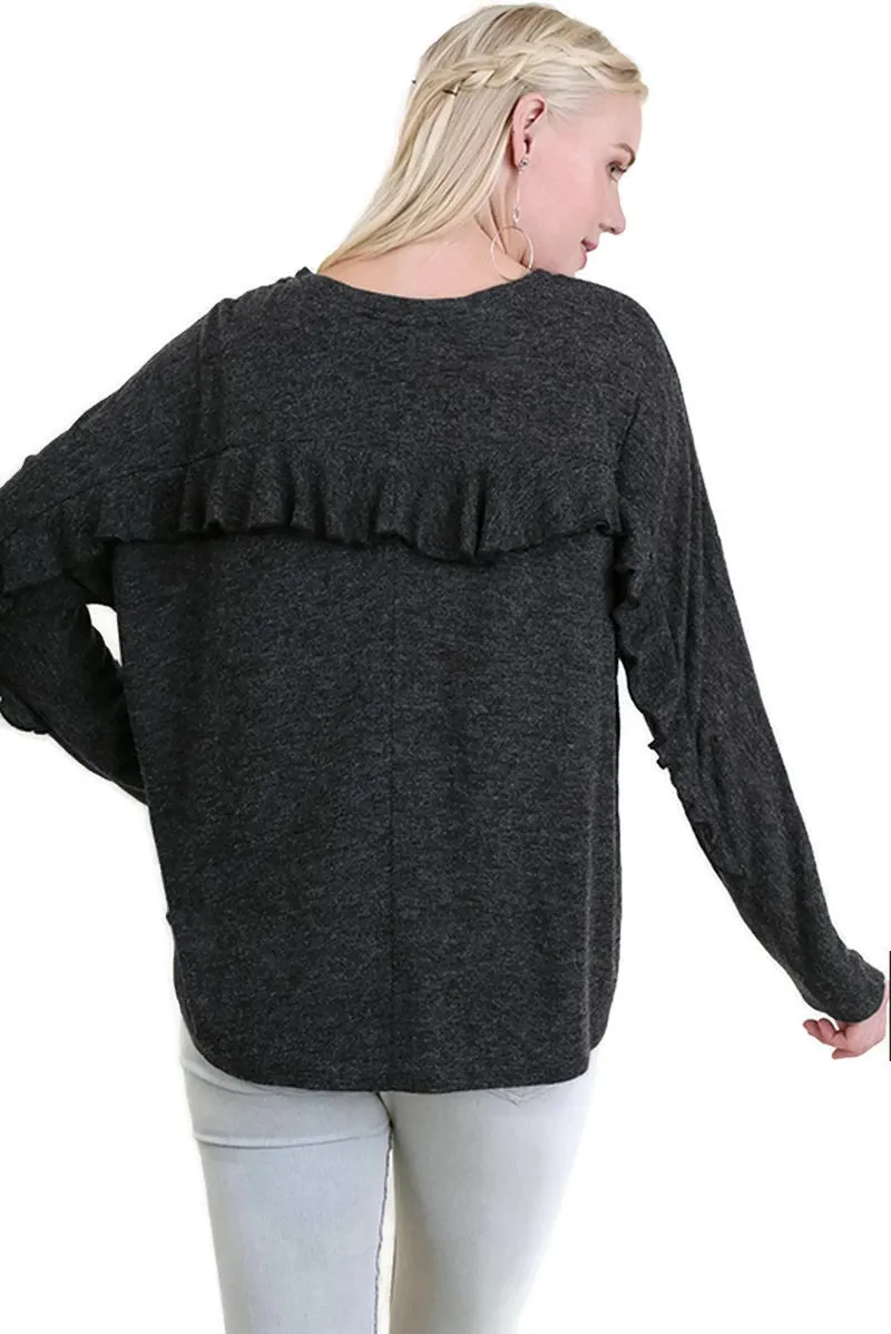 Ruffle Detail Long Sleeve Top, Black