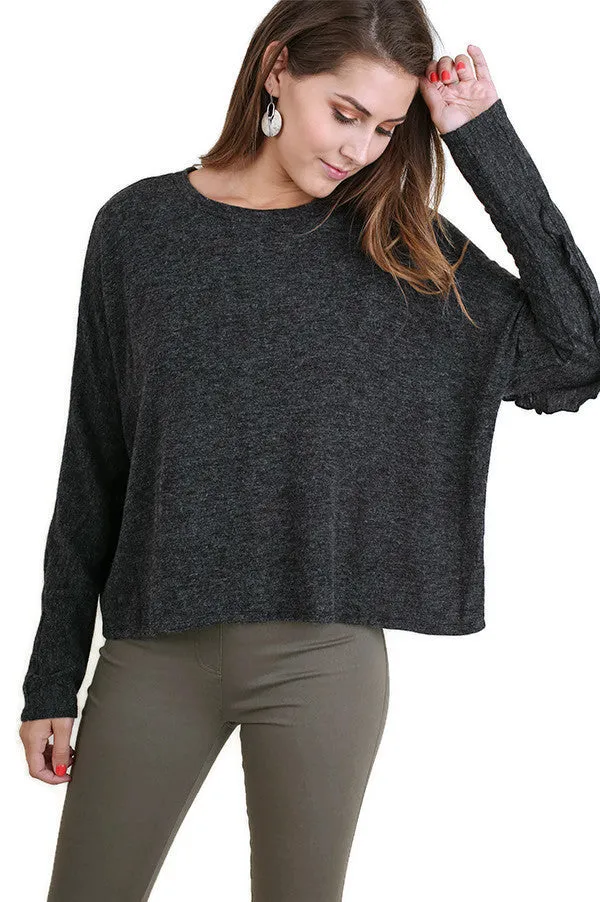 Ruffle Detail Long Sleeve Top, Black