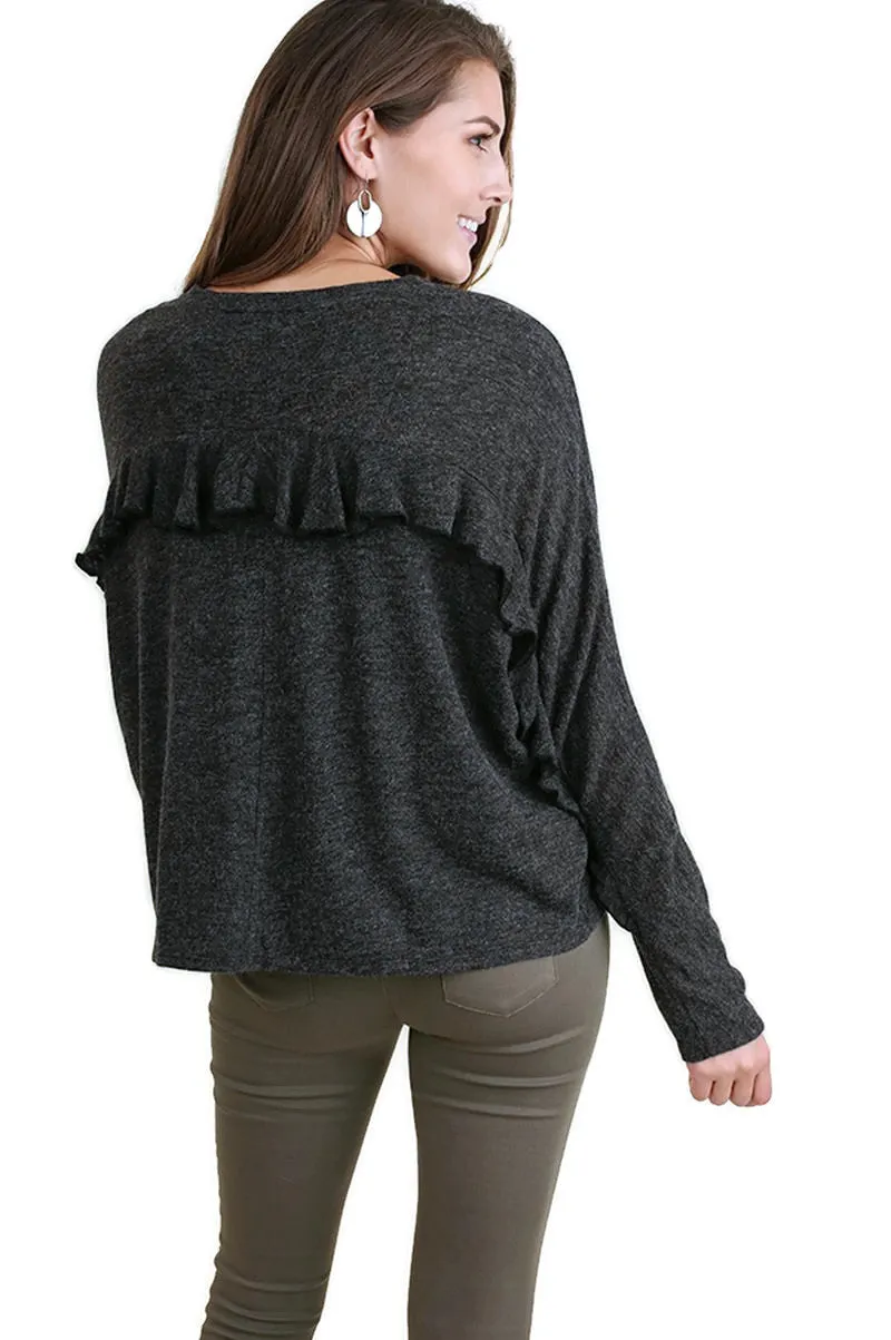 Ruffle Detail Long Sleeve Top, Black