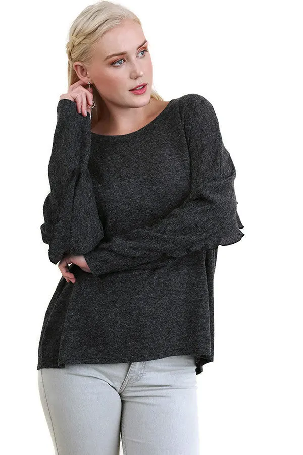 Ruffle Detail Long Sleeve Top, Black