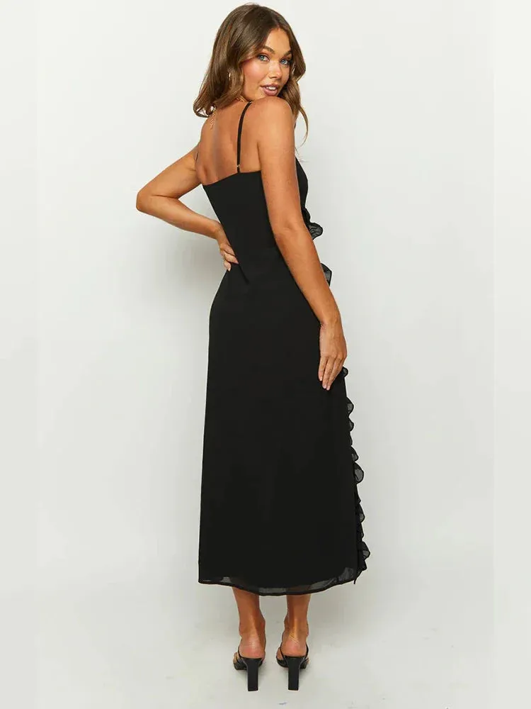 Ruffles Split Backless Spaghetti Strap Spring Summer Elegant Long Midi Dress