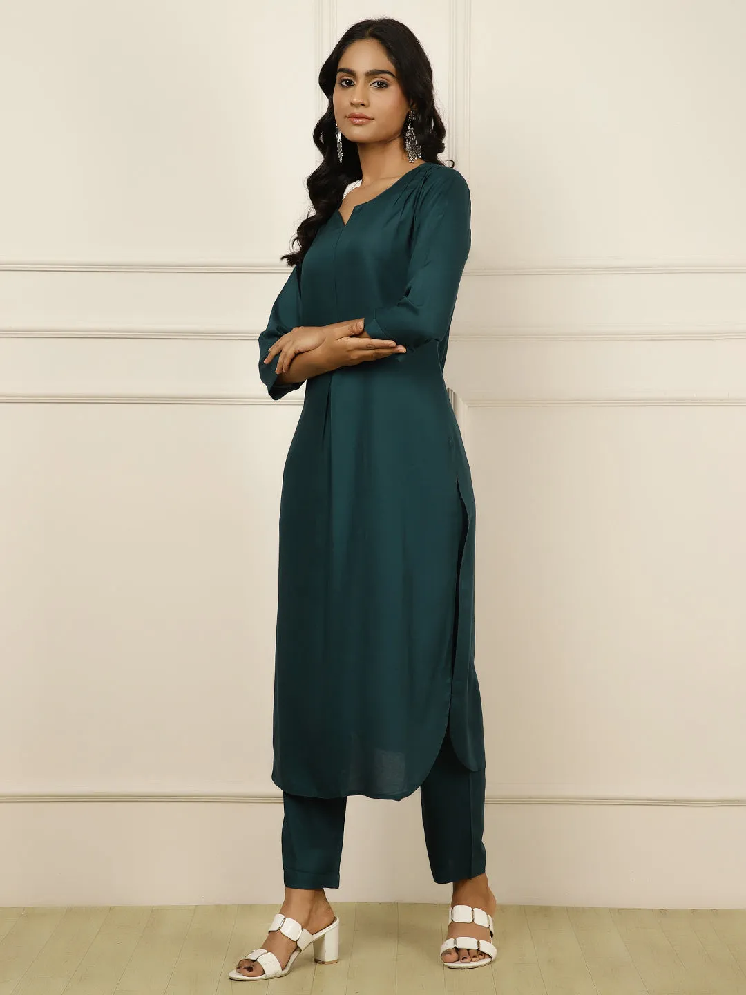 Sea Green Pleated Straight Kurta With Pants