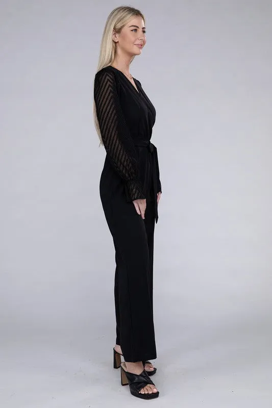 Sheer sleeve and Wide leg Jumpsuit