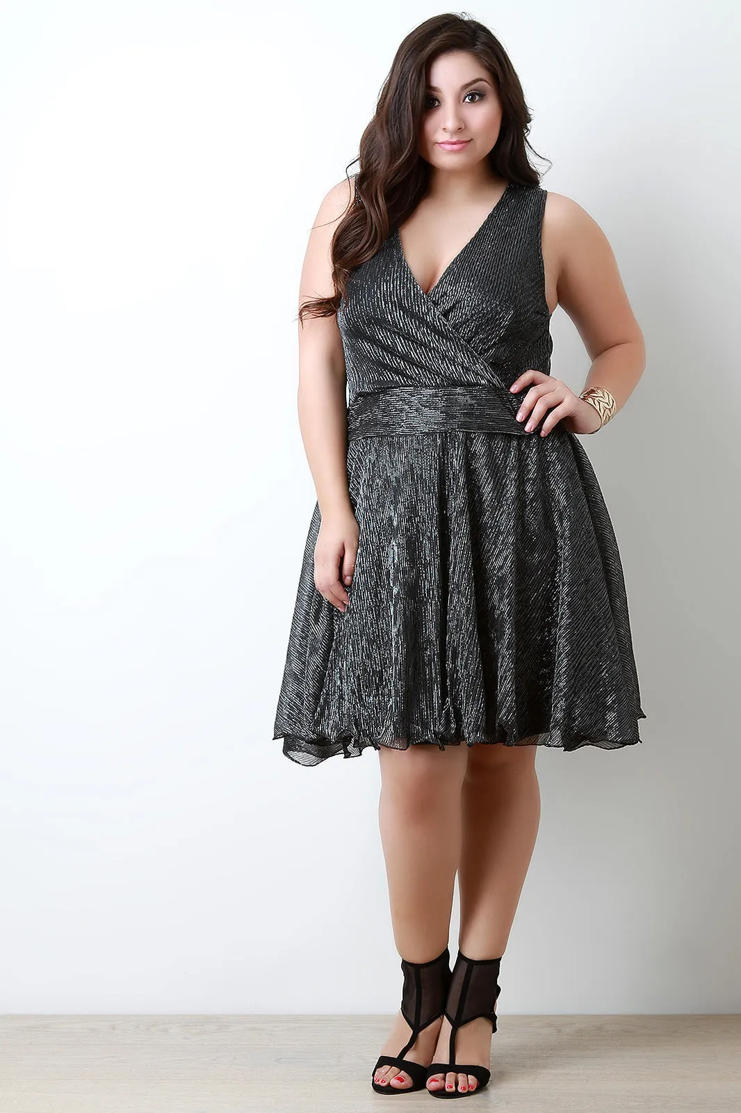 Shimmer Pinstripe Surplice Sleeveless Skater Dress