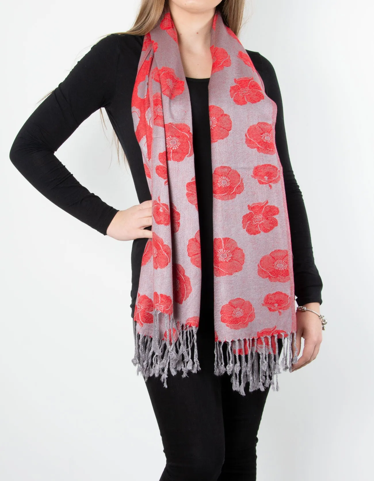 Silver Poppy Patterned Pashmina