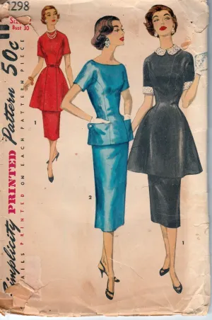 Simplicity 1298 Ladies Two Piece Dress with Peplum Vintage Sewing Pattern 1950's