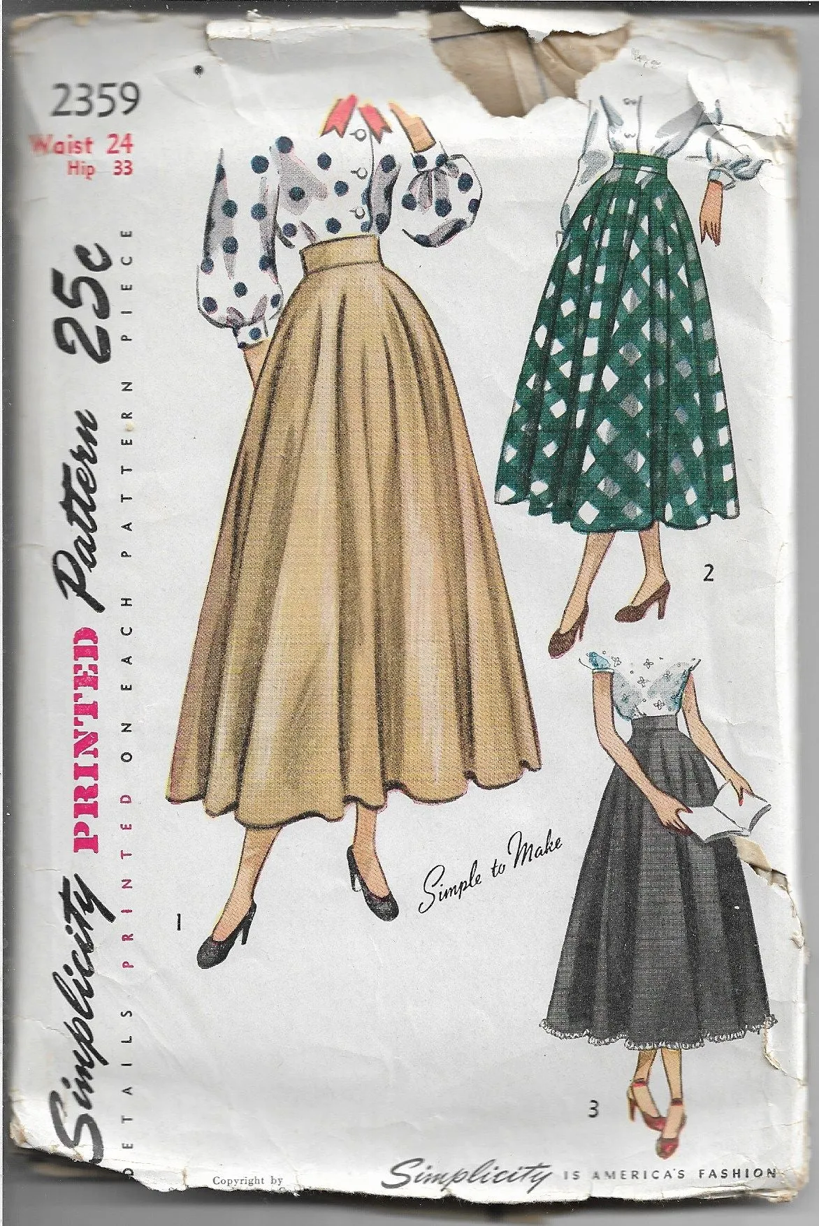 Simplicity 2359 Ladies Skirt  Ballerina Daytime Vintage Sewing Pattern 1940s