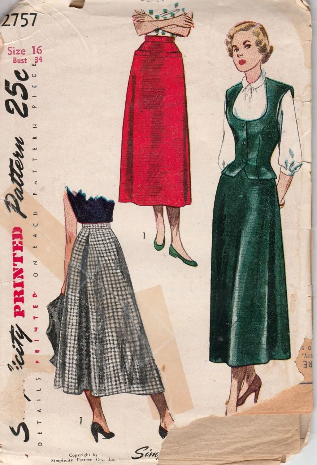 Simplicity 2757 Ladies Skirt Weskit Vintage 1940's Sewing Pattern