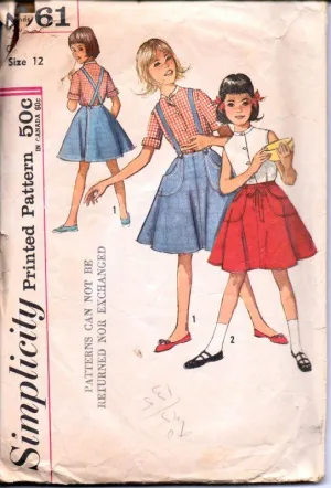 Simplicity 4961 Vintage 1960's Sewing Pattern Girls Blouse Wrap Skirt with Suspenders Four Gore