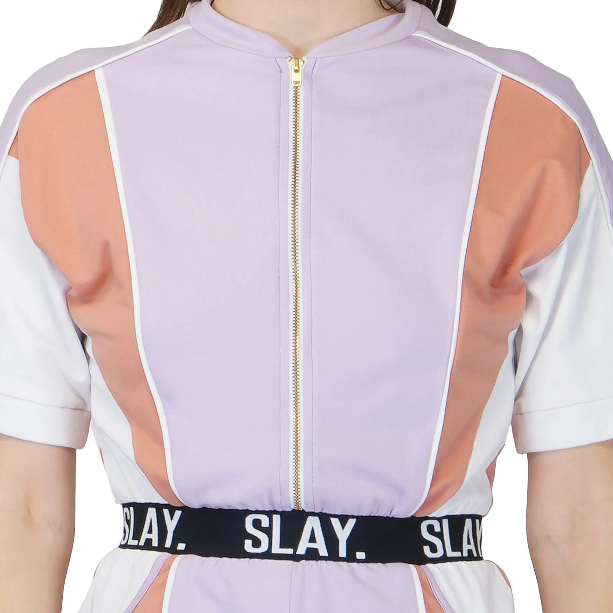 SLAY. Women's Colorblock Romper Lavender Lilac Nude White