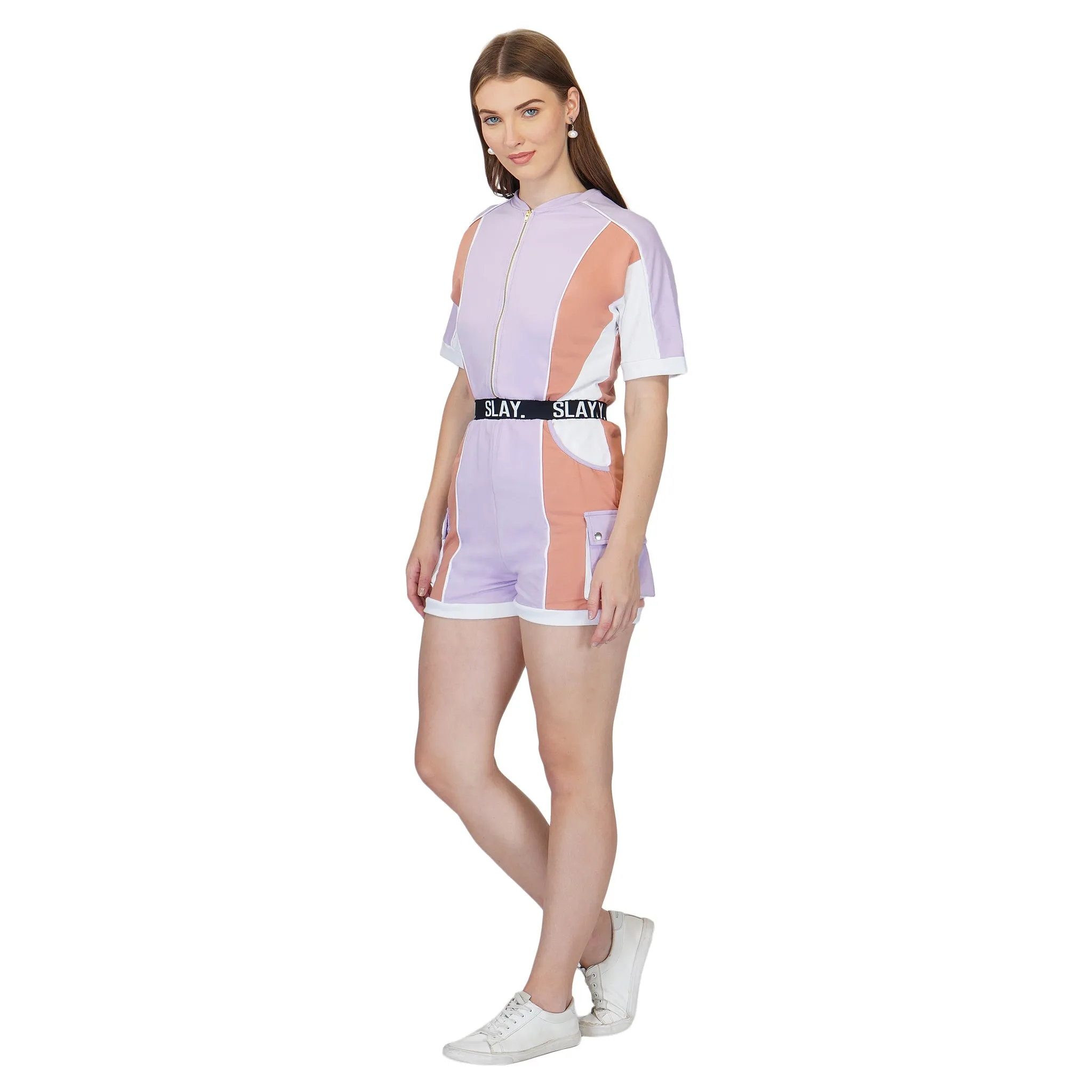 SLAY. Women's Colorblock Romper Lavender Lilac Nude White