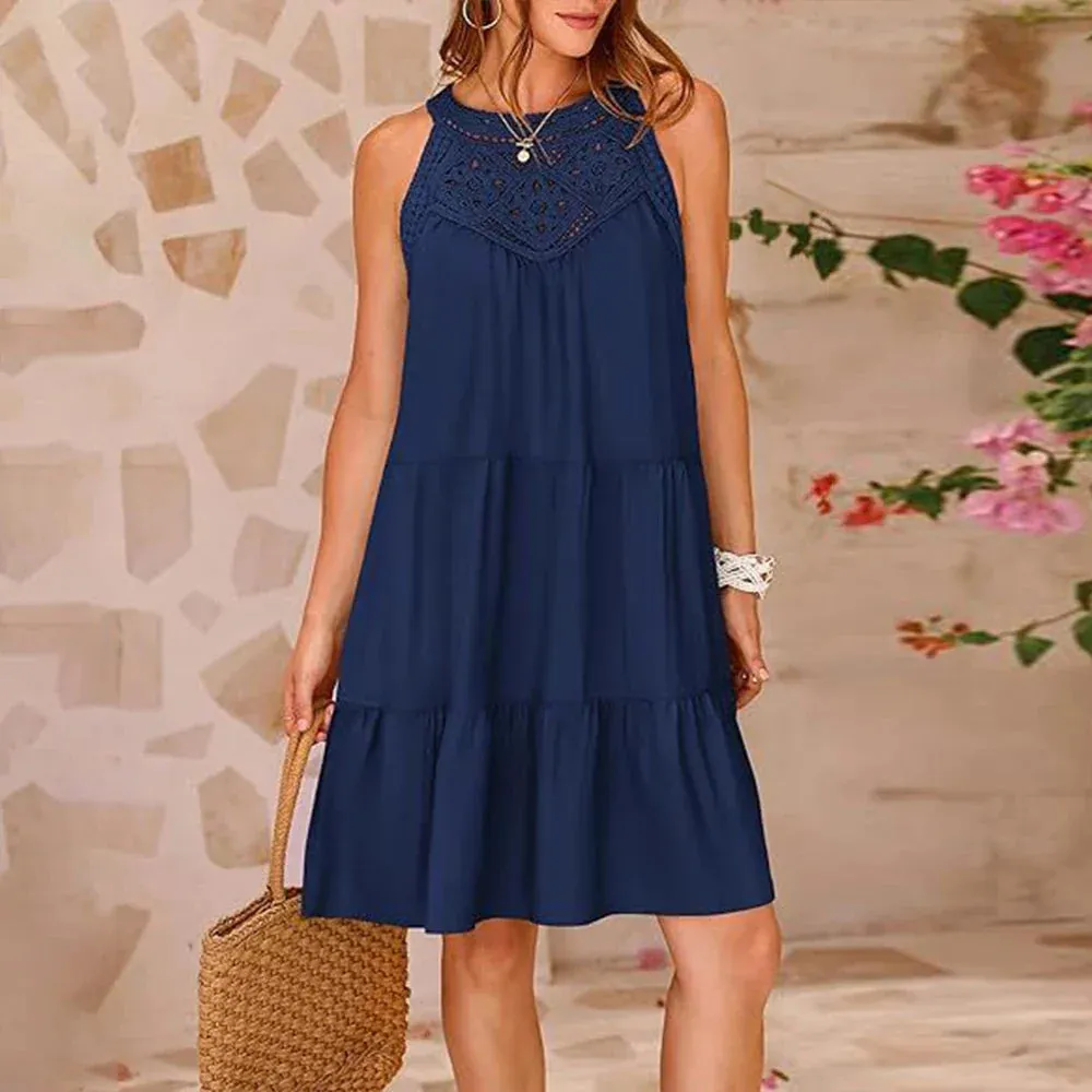 Slim Summer Sun Fashion Sexy Sleeveless Solid Beach Vacation Pullover Dress