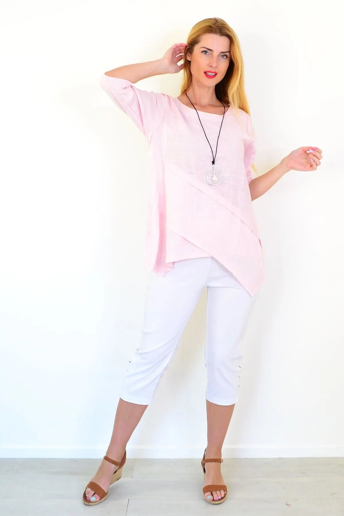 Soft Pink Linen Blend Tunic Top