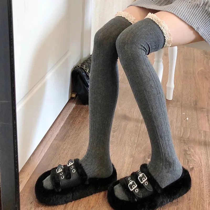 Sohiwoo Thigh High Socks Knit Lace Bowknot Autumn and Winter Thick Leg Warmers Stockings White Black Lolita Cute Over the Knee Socks