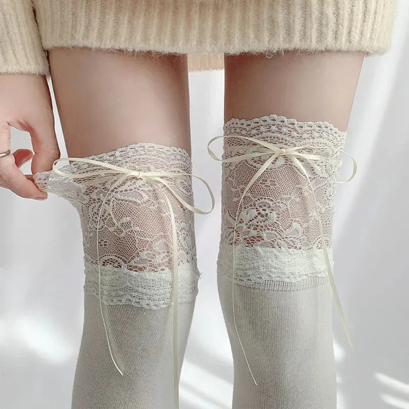 Sohiwoo Thigh High Socks Knit Lace Bowknot Autumn and Winter Thick Leg Warmers Stockings White Black Lolita Cute Over the Knee Socks