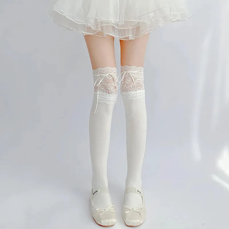 Sohiwoo Thigh High Socks Knit Lace Bowknot Autumn and Winter Thick Leg Warmers Stockings White Black Lolita Cute Over the Knee Socks