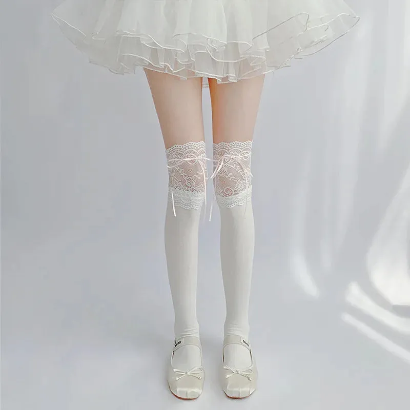 Sohiwoo Thigh High Socks Knit Lace Bowknot Autumn and Winter Thick Leg Warmers Stockings White Black Lolita Cute Over the Knee Socks