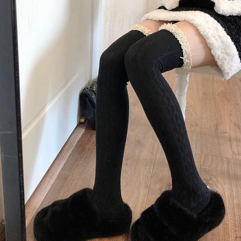 Sohiwoo Thigh High Socks Knit Lace Bowknot Autumn and Winter Thick Leg Warmers Stockings White Black Lolita Cute Over the Knee Socks