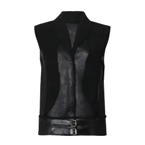 Solid Spliced Leather Waistcoat For Women Lapel Sleeveless Patchwork Belt Streetwear Lambswool Coats Female Fashion