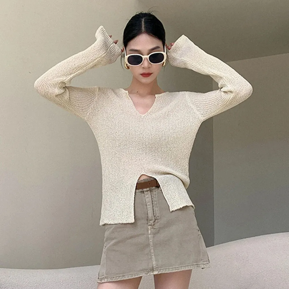 Solid Split Sweaters For Women V Neck Long Sleeve Tunic Slimming Casual Knitted Sweater Female Fashion Clothing