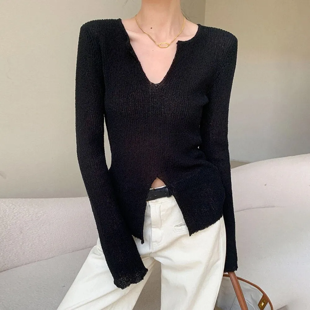 Solid Split Sweaters For Women V Neck Long Sleeve Tunic Slimming Casual Knitted Sweater Female Fashion Clothing