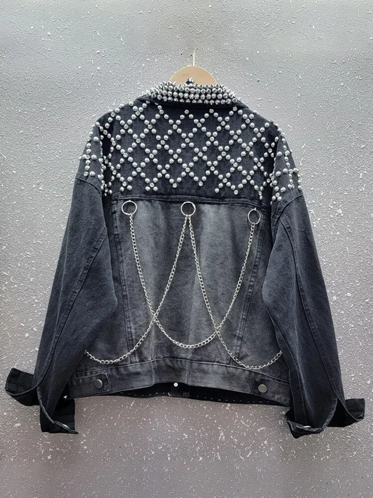 Spliced Rivet Denim Jackets For Women Lapel Long Sleeve Loose Streetwear Vintage Jacket Female Fashion Clothing