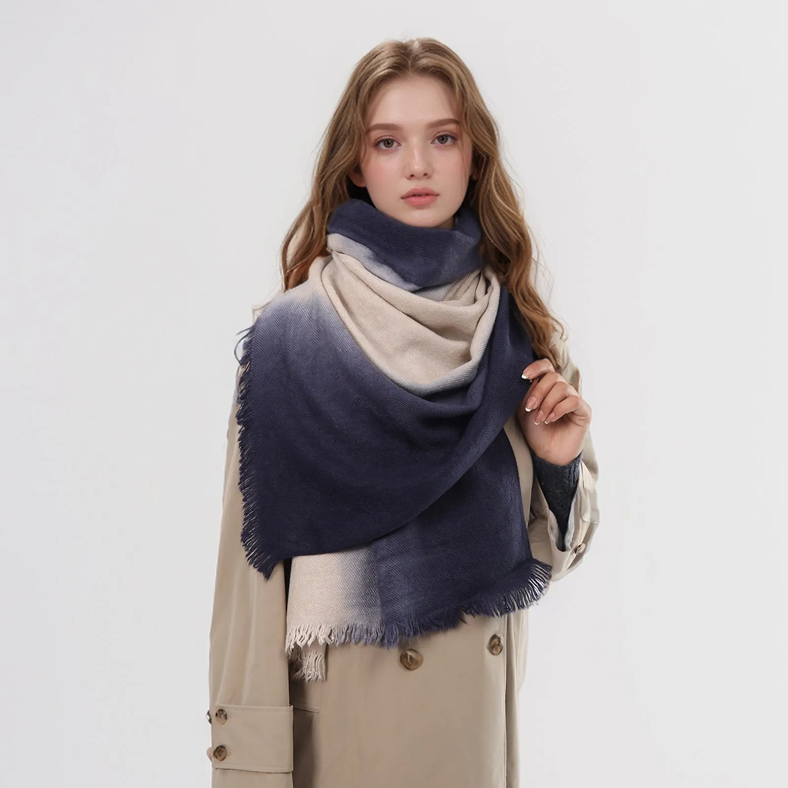 Spring Autumn Winter Thin High-end Gradient Two-tone Large Size Faux Cashmere Versatile Elegant Scarf