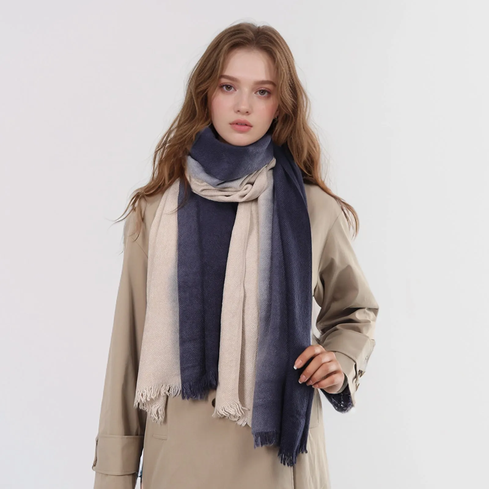 Spring Autumn Winter Thin High-end Gradient Two-tone Large Size Faux Cashmere Versatile Elegant Scarf