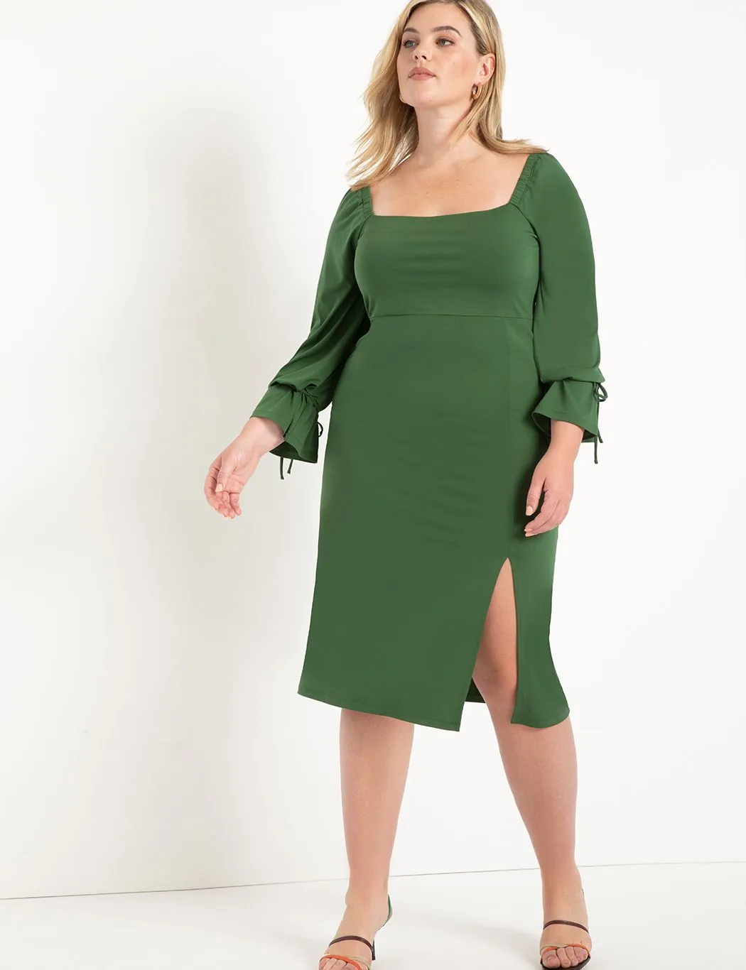 Square Neck Dress With Tie Sleeve in Forest Elf